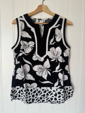 Carole Little Black and White Floral Sleeveless Tunic 100% Linen